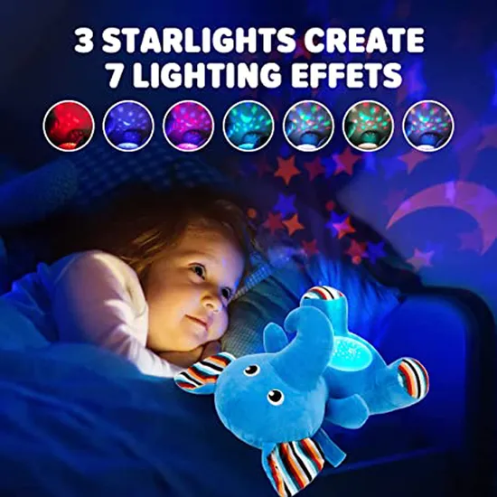 QS Amazon Shopify Hot Sales Baby Sleep Soother Plush Stuffed Elephant Animal Projector for Newborn Infants Calming Light Lullaby Music White Noise Baby Toys