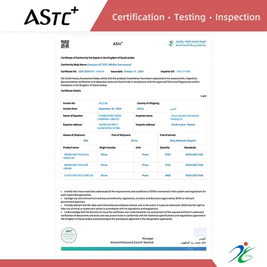 Cosmetics Exported to Saudi Arabia with Sfda Certification (compliance testing report)