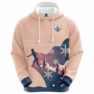 Pink Customized Sublimation Hoodie with Tree and Snowflake Pattern