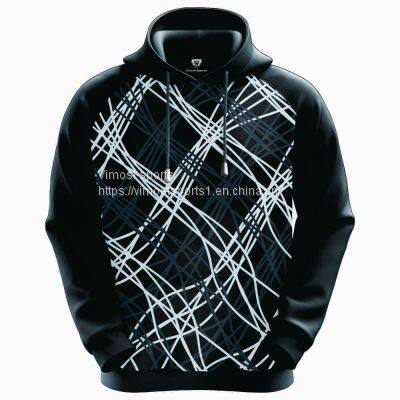 Black Customized Sublimation Hoodie with White and Blue Line Pattern