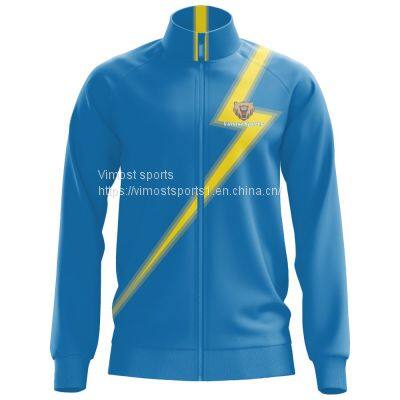 Custom Sublimation Blue Jacket of Yellow Lightning Pattern with Blue Zipper Design