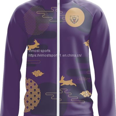 Custom Sublimation Purple Jacket of Rabbit and Moon Pattern with White Zipper