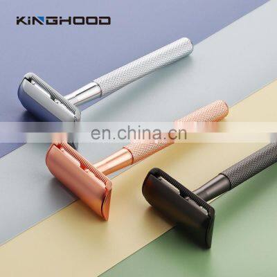 Classical safety razor 3 piece metal handle rose color razor double edge blade razor