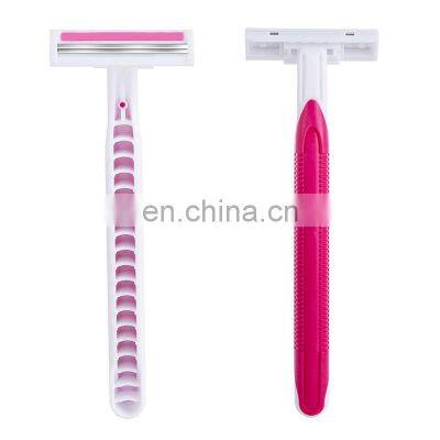 Female Twin Blades Hair Razor Sweden Blade Safety Bikini Razor With Lubricant Strip Pink Rubber Handle Razor Stick CM2-01R