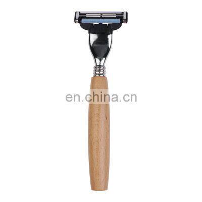 Professional disposable shaving razor for shaving with wood handle with 3 layer blades for man