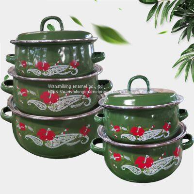 Green Decal Enamel Cookware Pot 5 Pcs Enamel Casserole Set Double Handle Stock Belly Pot With Lid