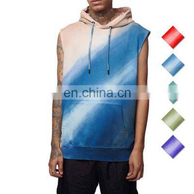Men's Sleeveless Hoodies Custom Cotton Drawstring Blue Tie Dye Sleeveless Pullover Hoodie