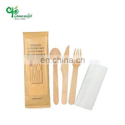 OEM Logo Restaurant Disposable Bio Disposable 4 In 1 Wooden Cutlery Set Fork Spoon Knife and Napkin Set