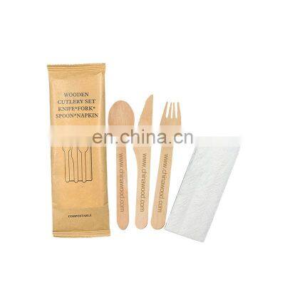 Yada Wooden Knife Fork Spoon with Napkin Set Individual Kraft Paper Packing Disposable Wooden Cutlery Kit