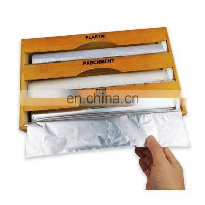 eco-friendly bamboo 3 in 1 foil and plastic wrap dispenser with slide cutter wall mount kitchen tabletop home storage organizer