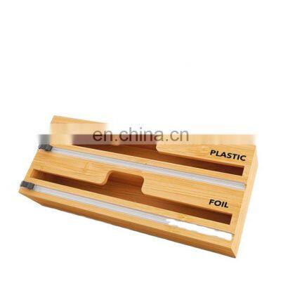 Hot sale custom bamboo wood refillable 2 in 1 plastic wrap foil wrap dispenser with slide cutter kitchen storage dispenser