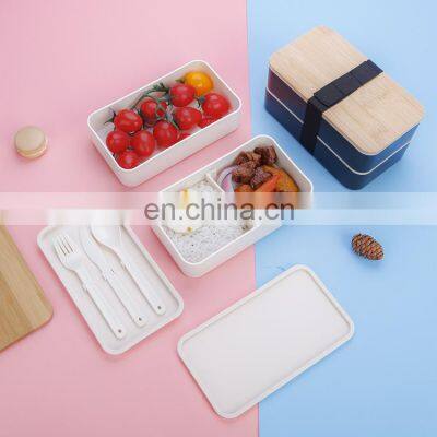 2022 eco friendly plastic bento school children toddler tiffin sealed stackable lunch food box set kids bamboo wooden lid