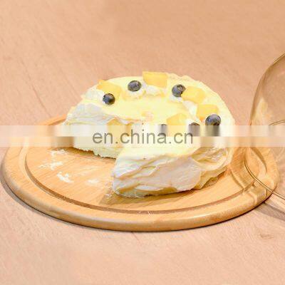 Flat Round Bamboo Cake Serving Plate Wood Dessert Stand Cheese Display with Dome Lid
