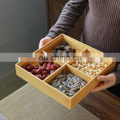 Wooden tea tray snack container bamboo square table top multi partition storage box with lid