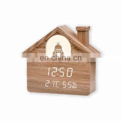 Hot Sale Modern Eco-friendly Creative Mute Home Decoration House Shape Wooden Led Alarm Clock With Light