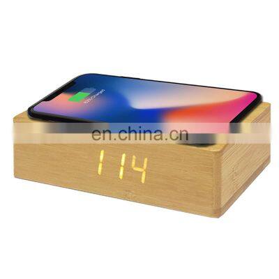 Bamboo LED Smart Alarm Clock Time Temperature Display Wireless Charger Clock