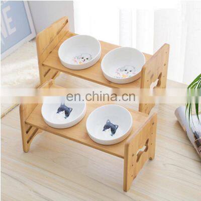 Professional manufacturer large 2 in 1 pet food bowl raised bamboo fibre stand elevated stainless steel lifting stand holder