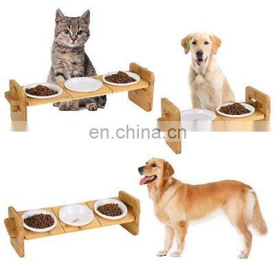 Luxury adjustable pet feeding bowl stand cat dog water food bowl wooden pet elevated feeder