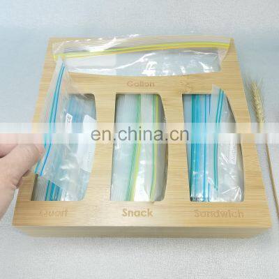 Custom wooden food storage bag rack kitchen drawer bamboo ziplock bag storage storage box dispenser