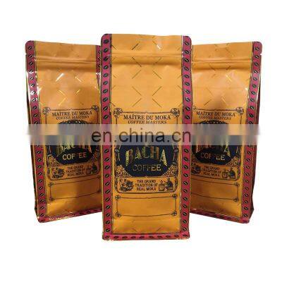 Custom Printed Gold Coffee Packing Bags Zip Lock Zipper Flat Bottom Coffee Bags 1KG With Valve Recycle