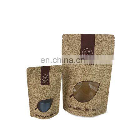 Custom design kraft paper Doypack stand up zipper pouch with clear window for food packaging