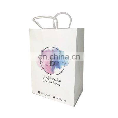 plain cheap wholesale take away recycled white kraft paper stand up flat bottom bag for Shopping Use with handle
