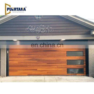 Contemporary Planks Accents Woodtones Wooden Grain Steel Garage Door With Black Window Frames And Tinted Glass