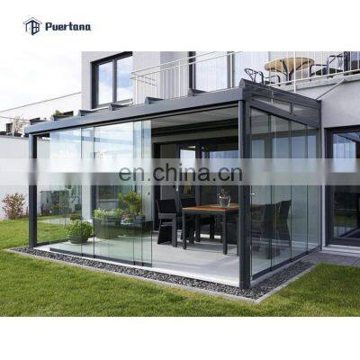 Wall Mounted Summer Garden Glass Canopy Sunroom Veranda Cover Patio Terrace Roof With Frameless Multi track Sliding Glass Door