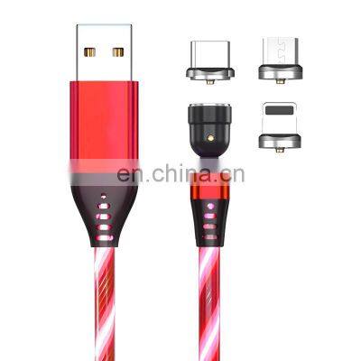 Hot selling 540 degree Rotation 3 in 1 Led Flowing Light Magnetic Usb data Charging Cable For Smartphone