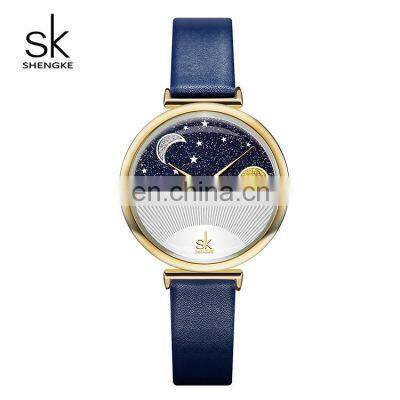 SHENGKE Fashion Starry Sky Lady Wristwatch Sun Moon Dial Watch Leather Band Strap Watches K0124L