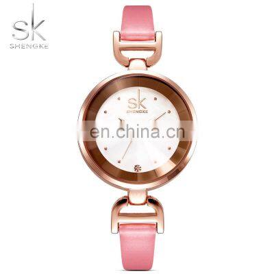 SHENGKE Luxury Ladies Watch Stainless Steel Caseback Leather Strap Crystal Stone Index Japan Quartz Movement Watches K0001L