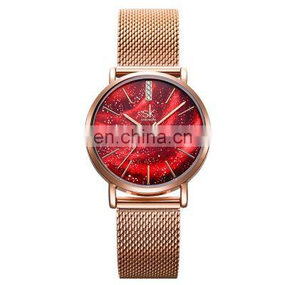 SHENGKE Hot Sale Popular Wristwatch Rose Gold Mesh Bracelet Woman Watch Red Dial Quartz Watches K0103L
