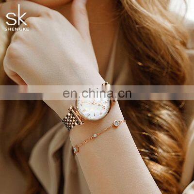 SHENGKE New Wristwatch Ladies Shinny Pearl-shells Dial Lucky Diamond Index Quartz Watches For Women K0136L relogio feminino