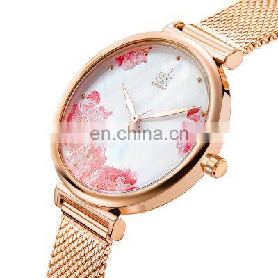 SHENGKE Romantic Dial Girl Watch K0171L Lady Flowers Design Watch Pink