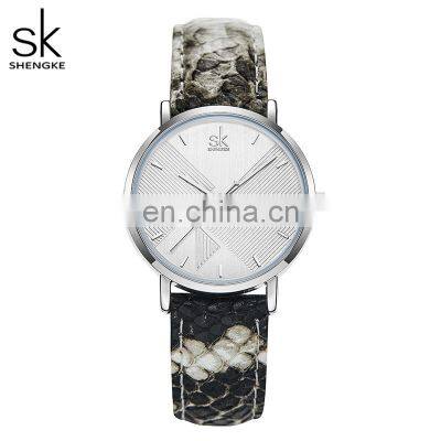 SHENGKE Female Marbling Watches Black with White Watch Snakeskin PU Strap Quartz Watches