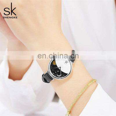 SHENGKE Watches for Girls Gift Black PU Leather Woman Wristwatches Romance Starry Series Montre Watches K0124L