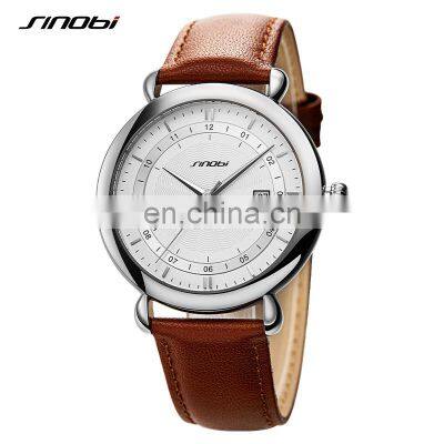 SINOBI Cow Leather Men Watch S9844G Sports Auto Date Gentlemen Wristwatch Simple Hand Watch Man Saat Jam Tangan Pria