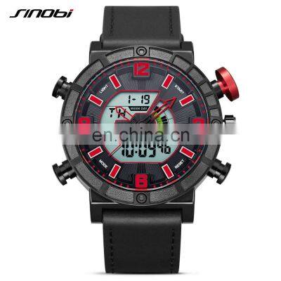 SINOBI Dual Time Men's Watch Multifunctional Dial Leather Band Digital Display Week Display LED Light S9733G jam tangan Montre