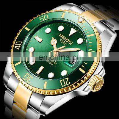 Nibosi Automatic Men's Mechanical watch green water ghost waterproof luminous calendar steel strap watch 2395