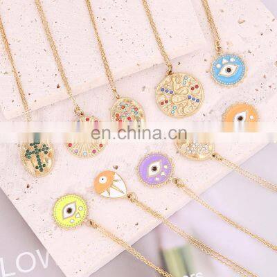 2022 New Women's Geometric Metal Cross Necklace Stainless Steel Eyes Necklace Drop Oil Color Zirconium Jewelry N904