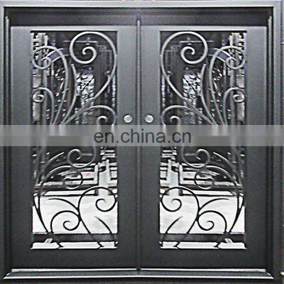 Black strong steel exterior french door residential double arch wrought iron decorative front door