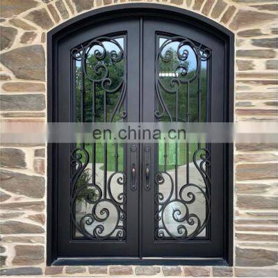Elegant double entry residential entrance black front modern security wrought iron thermal door with glass
