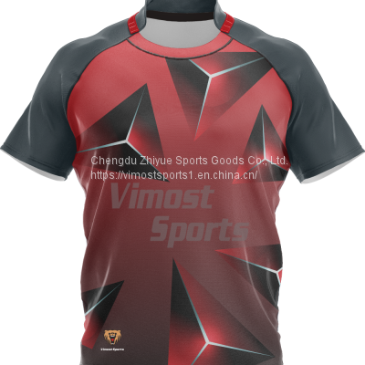 Custom Sublimation Red and Grey Rugby Jersey with Short Sleeves