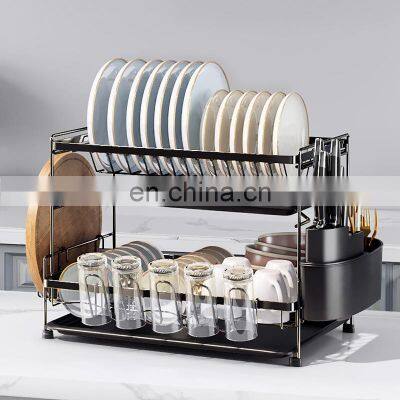 2-Tier Kitchen Dish Rack Rak Pinggan Stainless Steel Dish Drainer With Cup Utensil & Cutting Board Holders