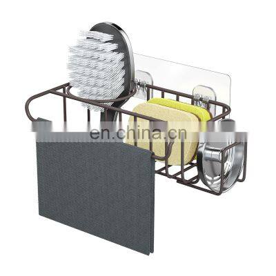 4 in 1 Stainless Steel Wall Mounted No Drilling Black Sink Caddy Basket Brush Soap Sponge Holder