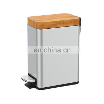 Entry-level basic 6L stainless steel rectangular pedal bin bamboo lid soft close inner bucket home bathroom kitchen trash bin
