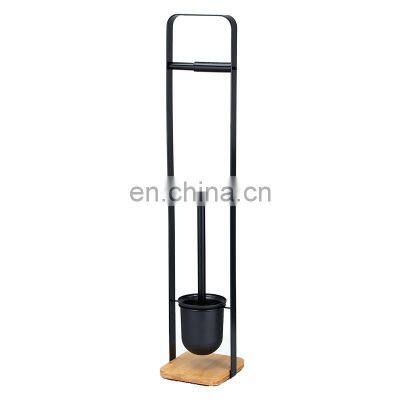 Multifunctional Powder Coating Black Bamboo Standing Toilet Roll And Toilet Brush Holder Set