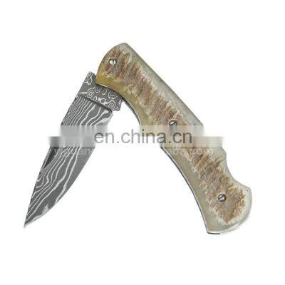 Pocket knife Damascus steel blade with black ox horn handle or sheep horn handle folding blade knife