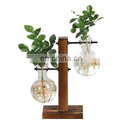 Terrarium Hydroponic Plant Vases Vintage Flower Pot Transparent Vase Wooden Frame Glass Tabletop Plants Home Bonsai Decor