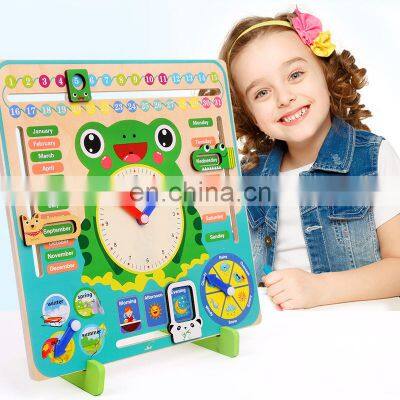 Wooden Cartoon Frog Calendar Clock Set Children Wood Calendar Time Cognitive Matching Toys Kids Early Learning Education Toys